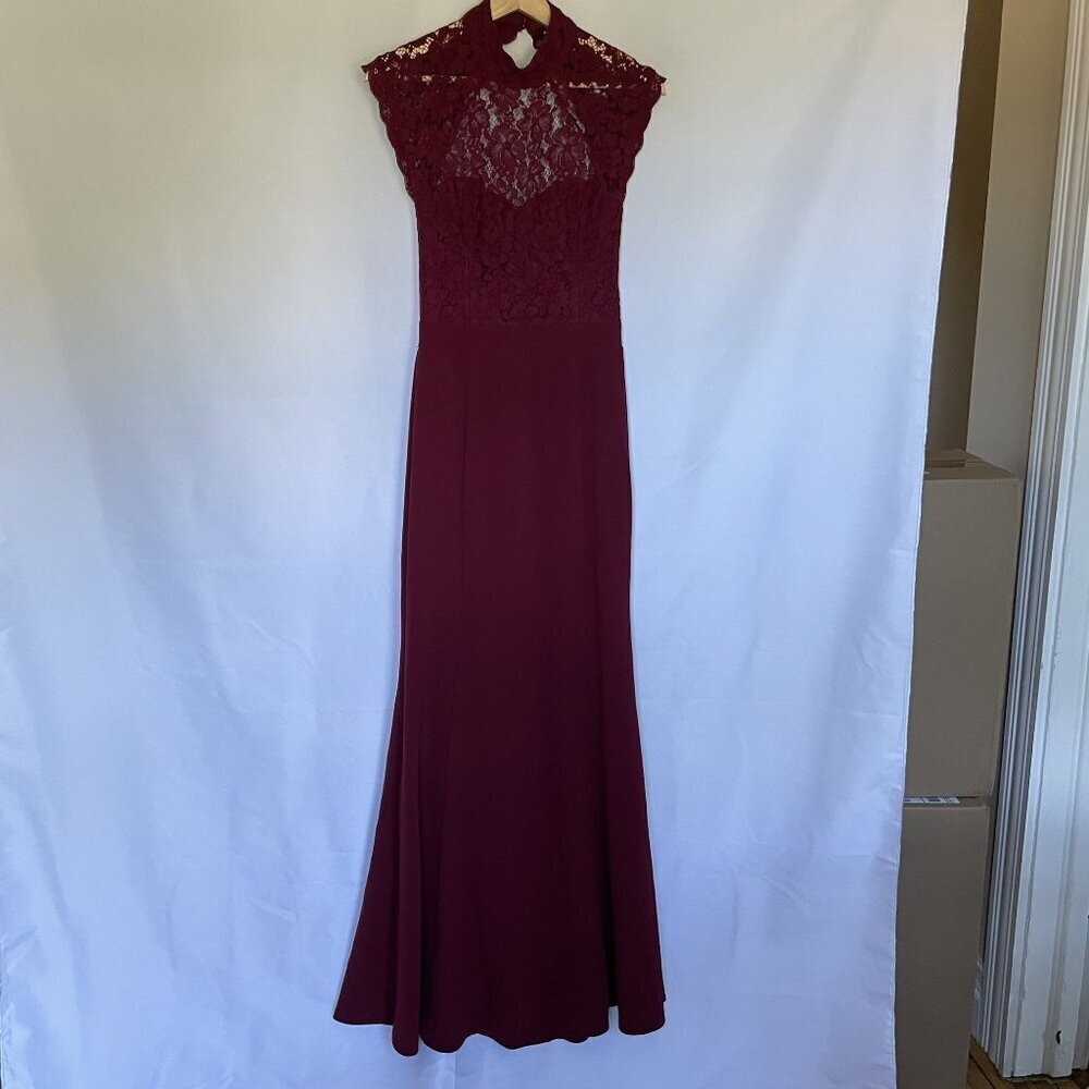Lulus Burgundy Maxi Formal Dress Lace Halter Top Neckline Open Back Detail